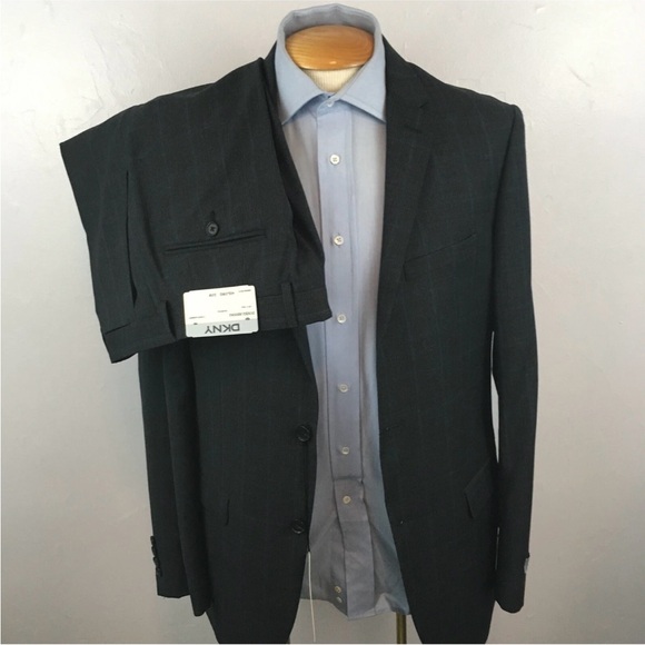 Dkny 40L mens suit charcoal checks blue slim fit 100% wool 2 piece new ea0095